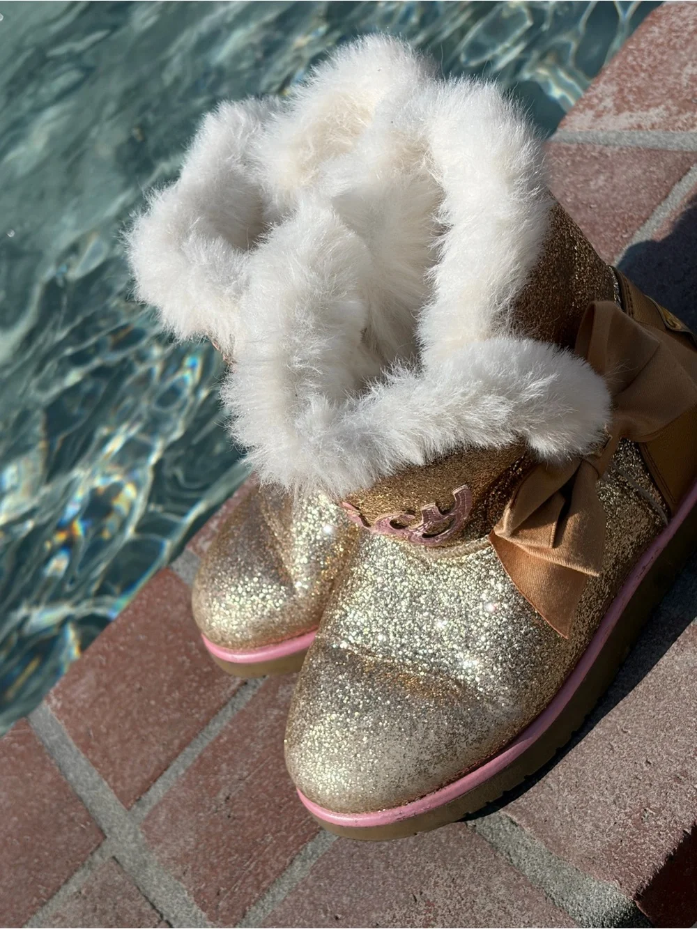 Juicy Couture Gold Glitter Faux-Fur Lined Girls' Boots with Pink Accents